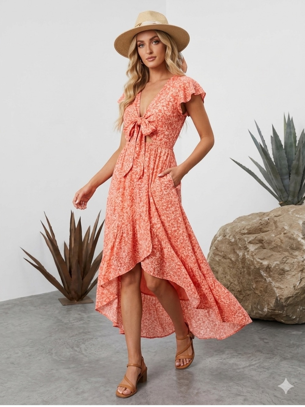 Vici Coral Kissed by the Sun High Low Pocketed Tie Front Maxi Dress Size Med
